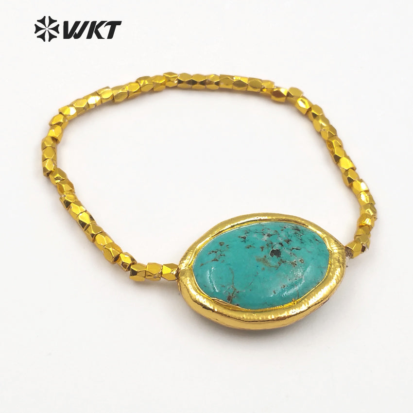 WT-B417 Wholesale Women Fashionable Handmade Turquoise Beads Bracelet, Gold Plated Flexible Green Turquoise Bracelet