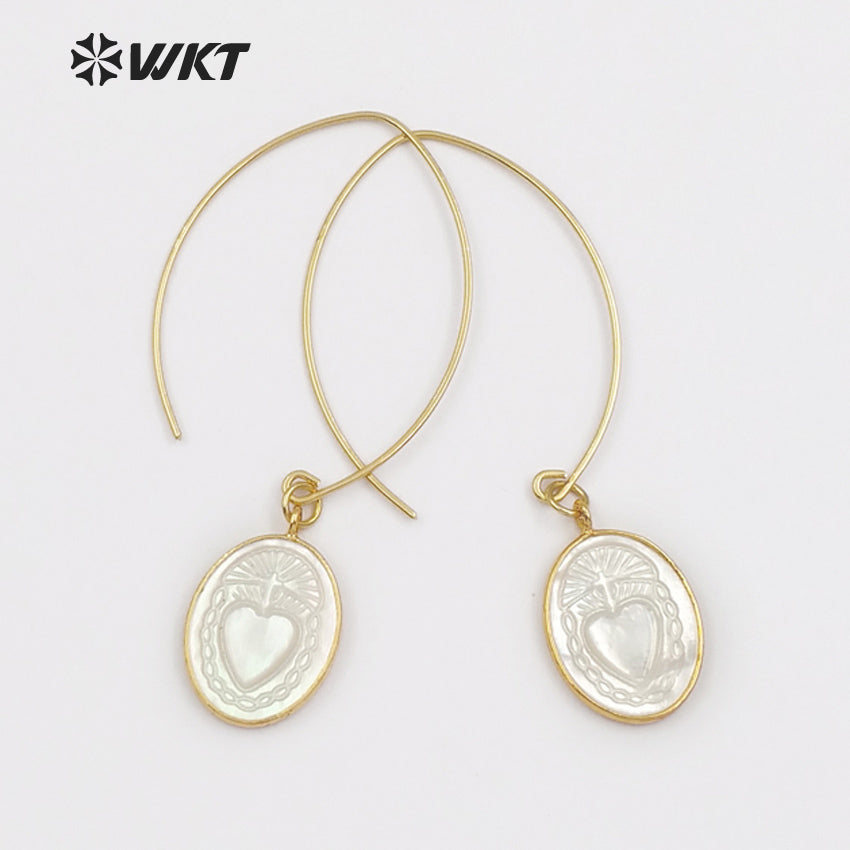 WT-E455 Metal Earwire With Gold Bezel Natural Sea Shell Briolette Earring Mysterious Pattern Women Bohemia Dangle Earring