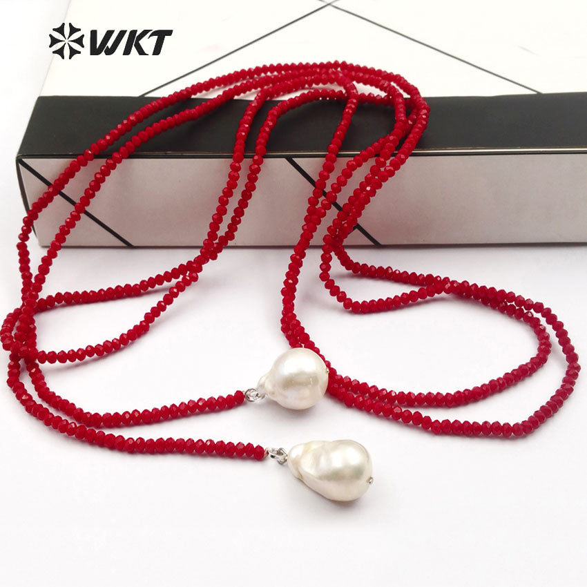 WT-N1115 Long Beads Necklaces Multi-color Beads Crystal Smooth Necklaces with White Pearl Necklaces for Women
