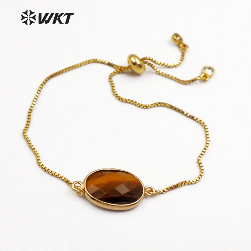 WT-B420 Women Fashion Gold Bezel Natural Gemstone Bracelet, Adjustable Brass Chain Bracelet with Stone