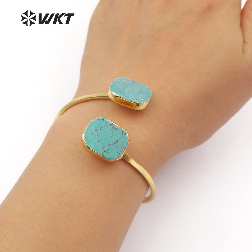 WT-B097 Newest!! Raw Stone Bracelet Bangles in 24k Real Gold Plated, Bohemian Turquoise Stone Bracelet Jewelry