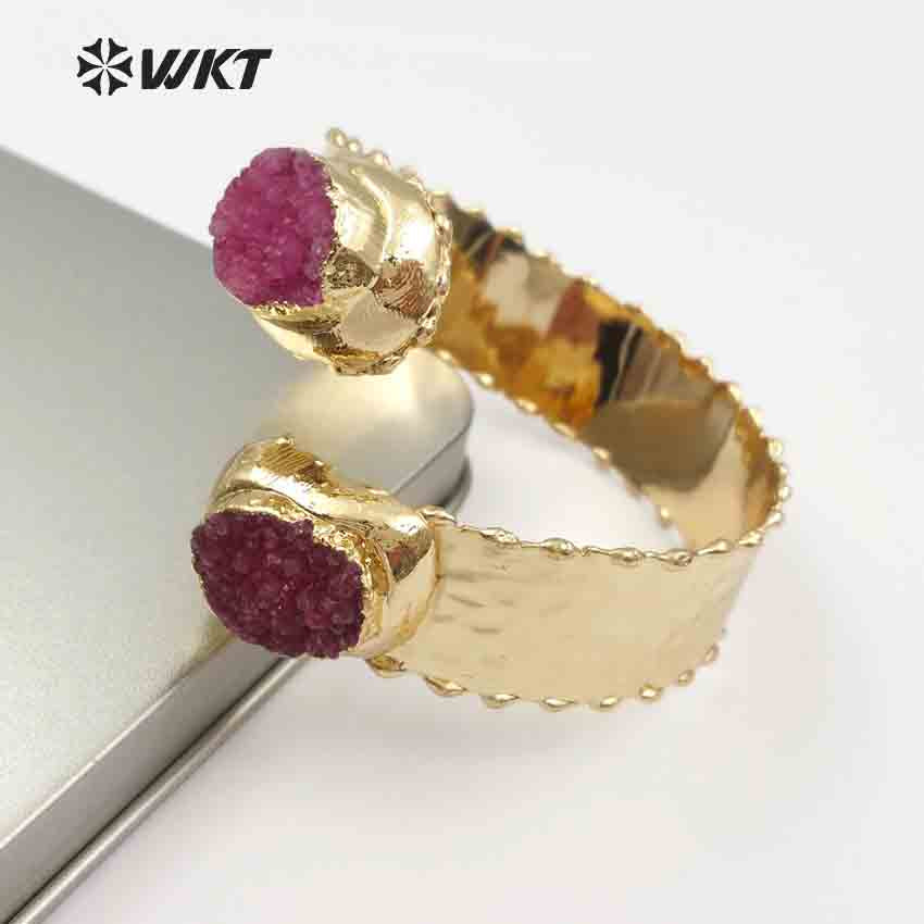 WT-B435 Wholesale Custom New Design Natural Gold Color Multi Stone With Adjustable Size for Jewelry Druzy Stone Bangles