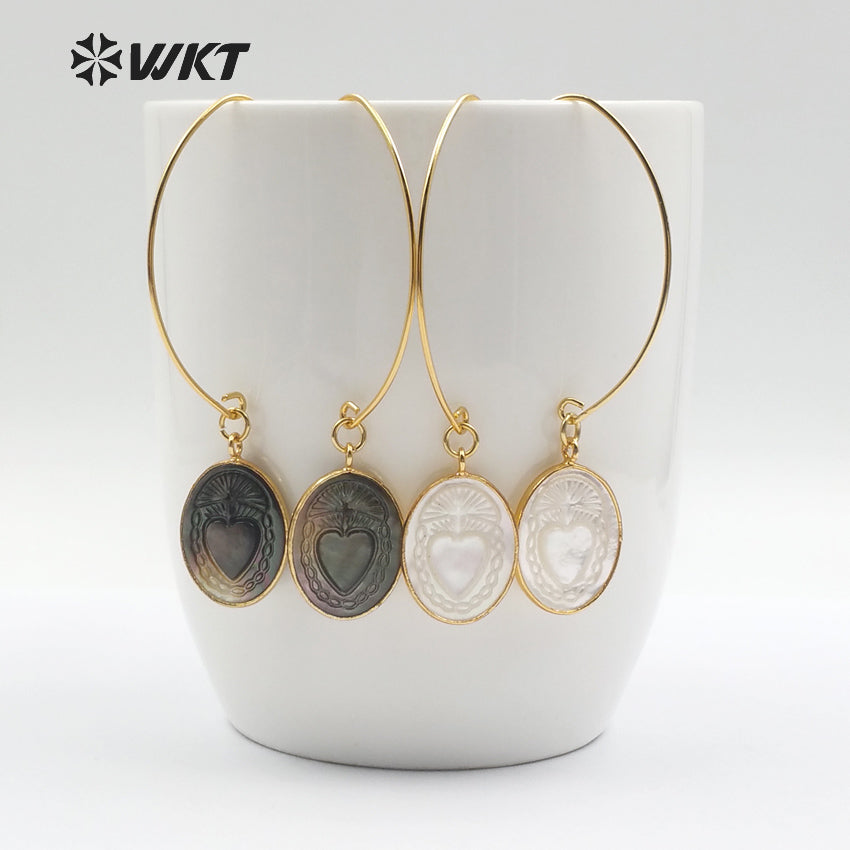WT-E455 Metal Earwire With Gold Bezel Natural Sea Shell Briolette Earring Mysterious Pattern Women Bohemia Dangle Earring