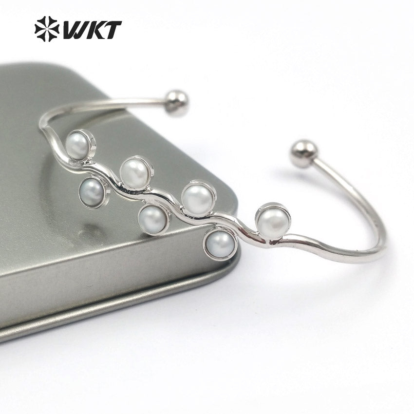 WT-B387 WKT Wholesale Fashion New Simple 24k Real Gold Plated Freshwater Pearl Charm Adjustable Cuff Bangle
