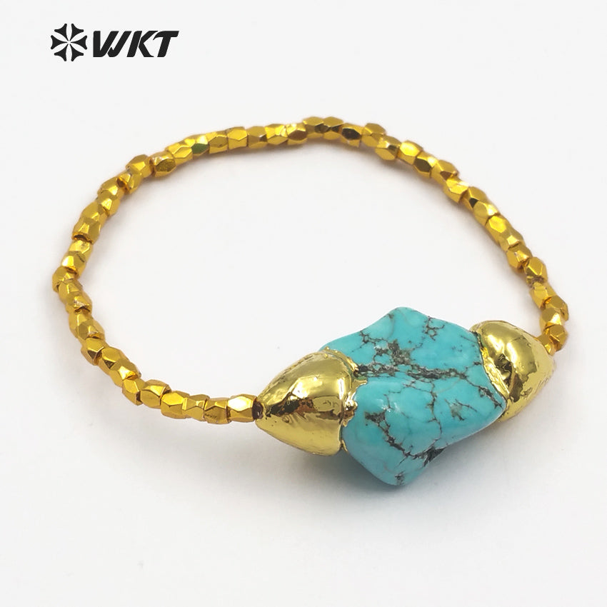 WT-B417 Wholesale Women Fashionable Handmade Turquoise Beads Bracelet, Gold Plated Flexible Green Turquoise Bracelet