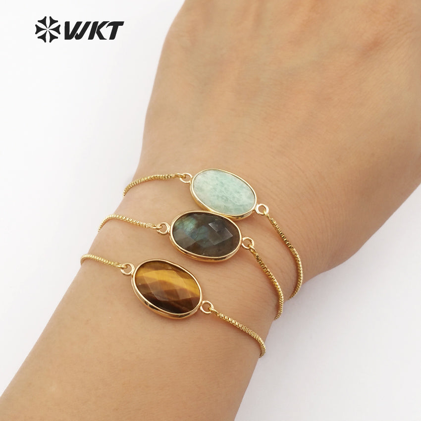 WT-B420 Women Fashion Gold Bezel Natural Gemstone Bracelet, Adjustable Brass Chain Bracelet with Stone