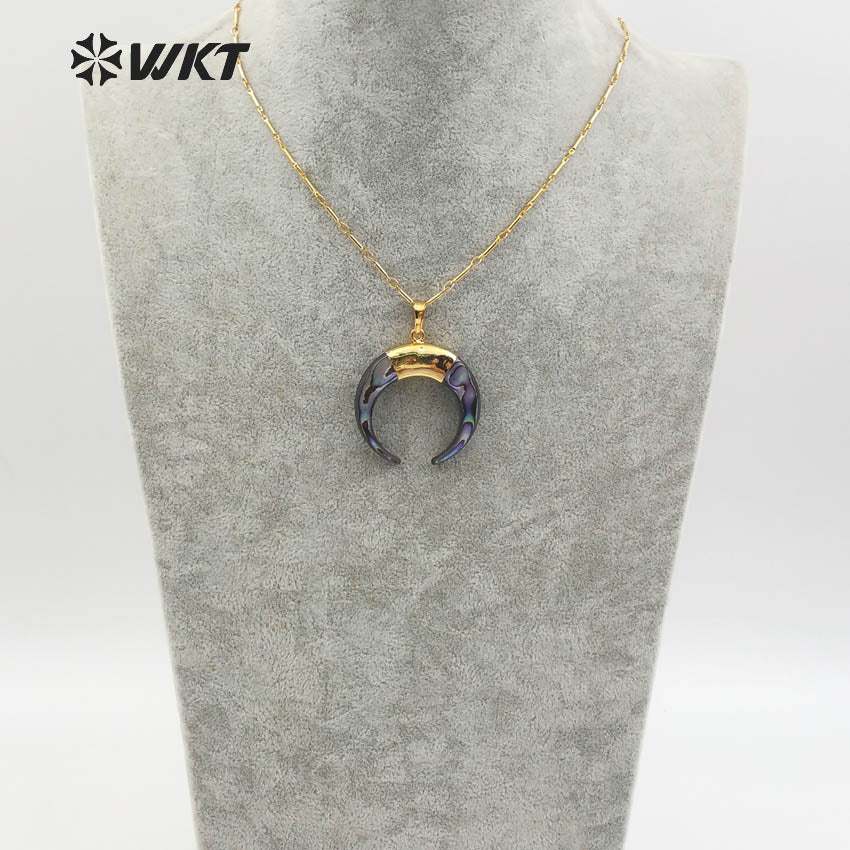 WT-N998 Wholesale High Quality Special Design Necklace 18 Inch Natural Abalone Shell Crescent Shape 24K Gold Plated Jewelry