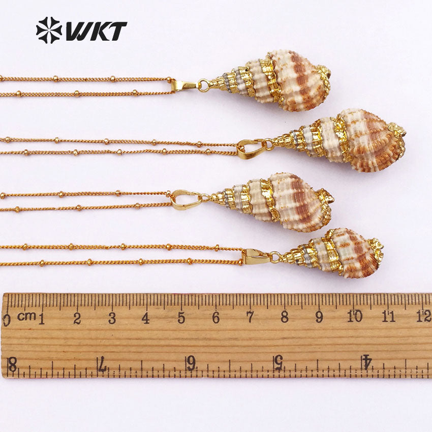 WT-JN021 Wholesale Natural Shell Necklace Genuine Sea Shell Trumpet Pendants with Gold Color Plated for Women Making