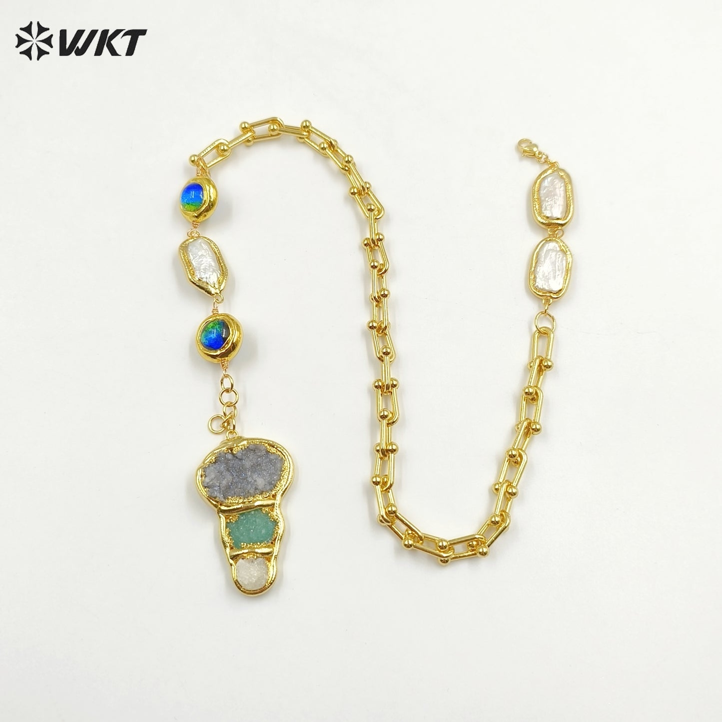 WT-JN257 WKT New Exclusive Design 19 Inch Long Handmade Chain Assemble With Beads Pearl Druzy Agate Pendant Women Necklace