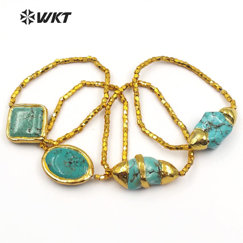 WT-B417 Wholesale Women Fashionable Handmade Turquoise Beads Bracelet, Gold Plated Flexible Green Turquoise Bracelet