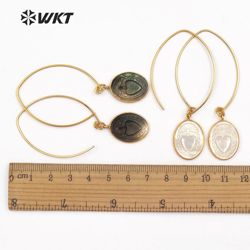WT-E455 Metal Earwire With Gold Bezel Natural Sea Shell Briolette Earring Mysterious Pattern Women Bohemia Dangle Earring