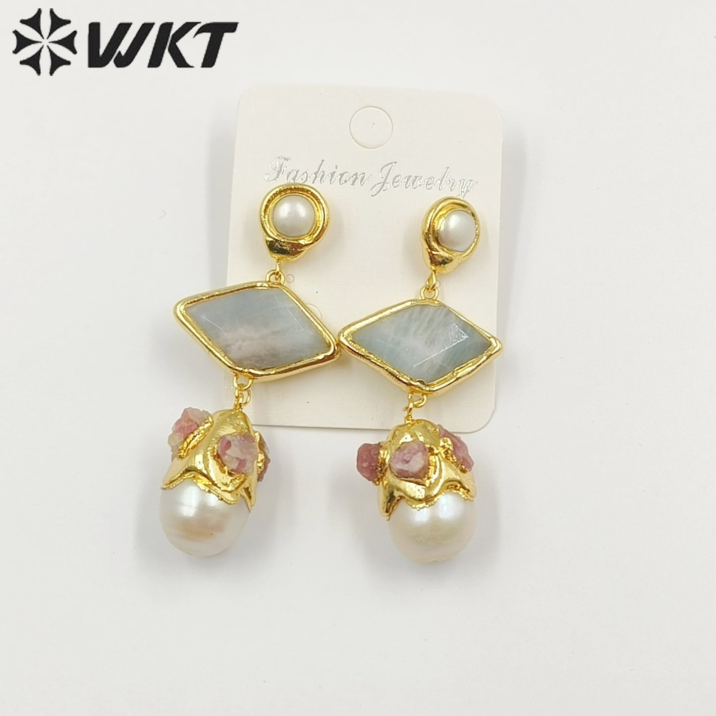 WT-MPE101 Latest Style Freshwater Pearl Aquamarine Sun Stone 18k Gold Plated Gift Weeding Romantic Pendant Earrings