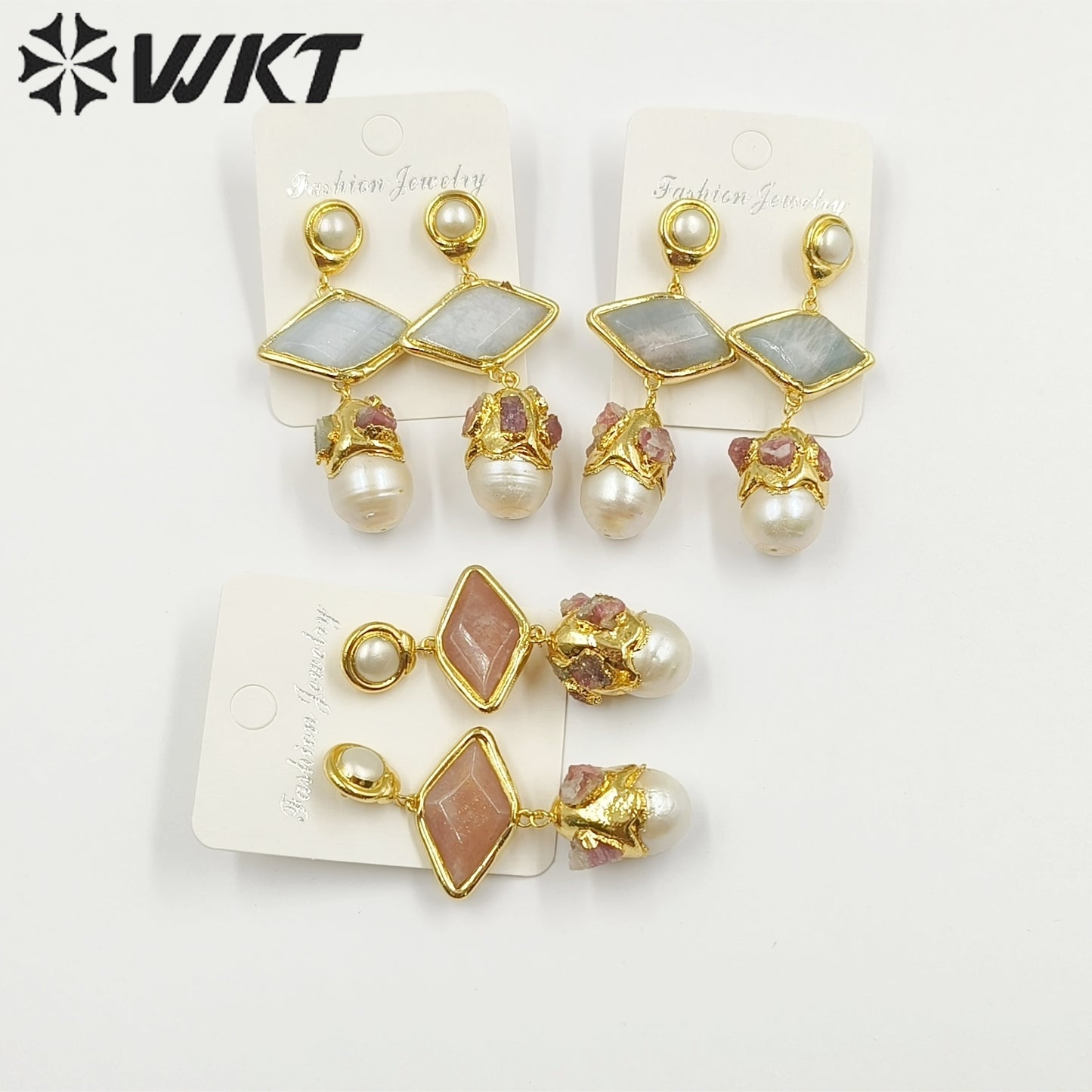 WT-MPE101 Latest Style Freshwater Pearl Aquamarine Sun Stone 18k Gold Plated Gift Weeding Romantic Pendant Earrings