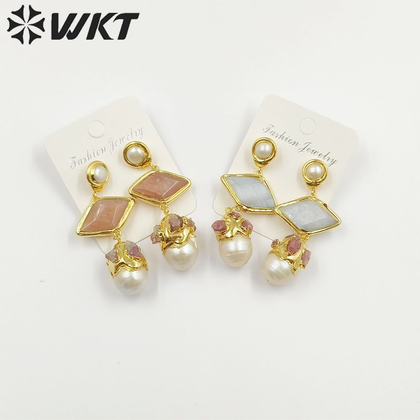 WT-MPE101 Latest Style Freshwater Pearl Aquamarine Sun Stone 18k Gold Plated Gift Weeding Romantic Pendant Earrings