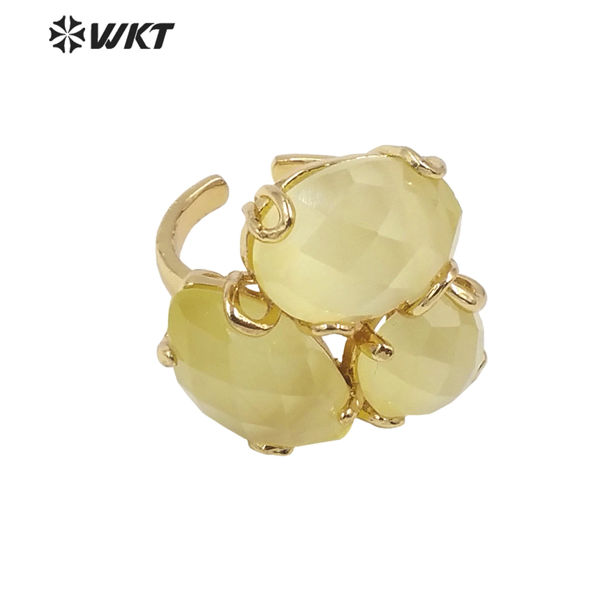 WT-R420 Europe Court style colorful Cat Eye stone Ring 18k real gold plated triple stone Flower Ring with Prong setting