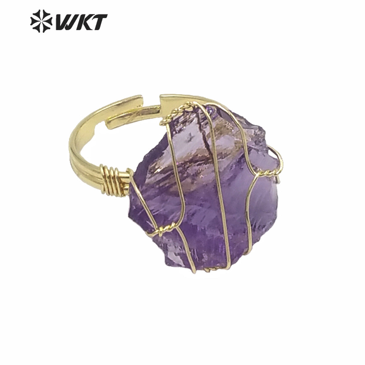 WT-R366 WKT New Design Gold Hand Make Wire Wrapped Mineral Stone Ring Women Fashion Hot Raw Quartz Fluorite Ring