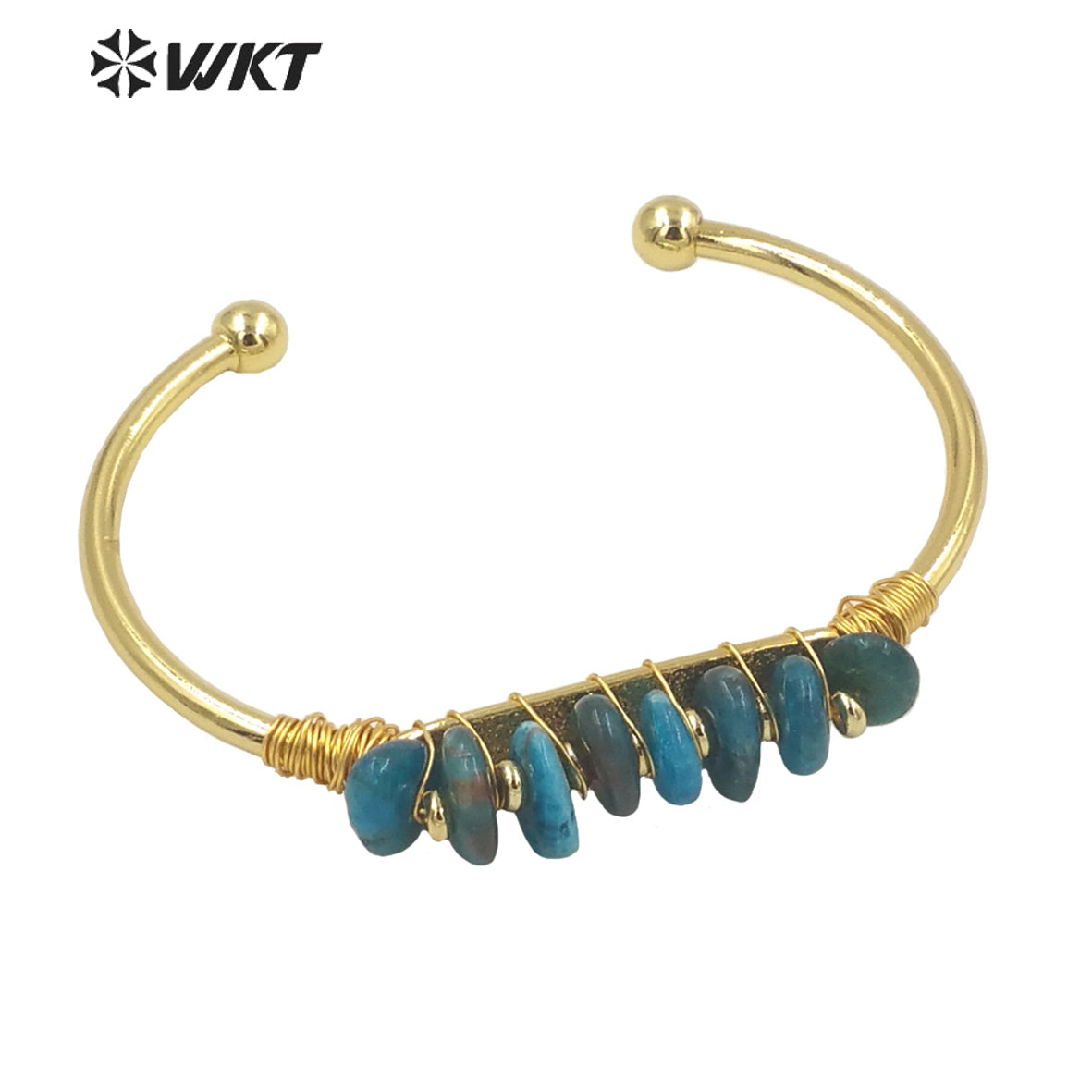 WT-B580 WKT Lovely Popular Gold Electroplated Open Size Cuff Bangle Women Bohemian Natural Gemstone Beads Wire Wrapped Bangle