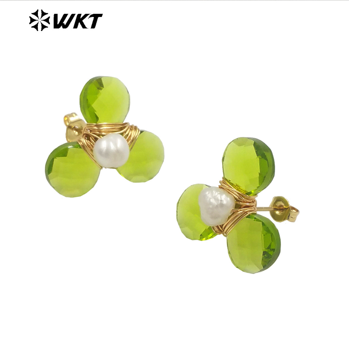 WT-E723 Women New Earrings Design Colorful Cat Eye Stone Flower Studs Handmade Wire Wrapped Pearl Leaf Fashion Girl Earrings