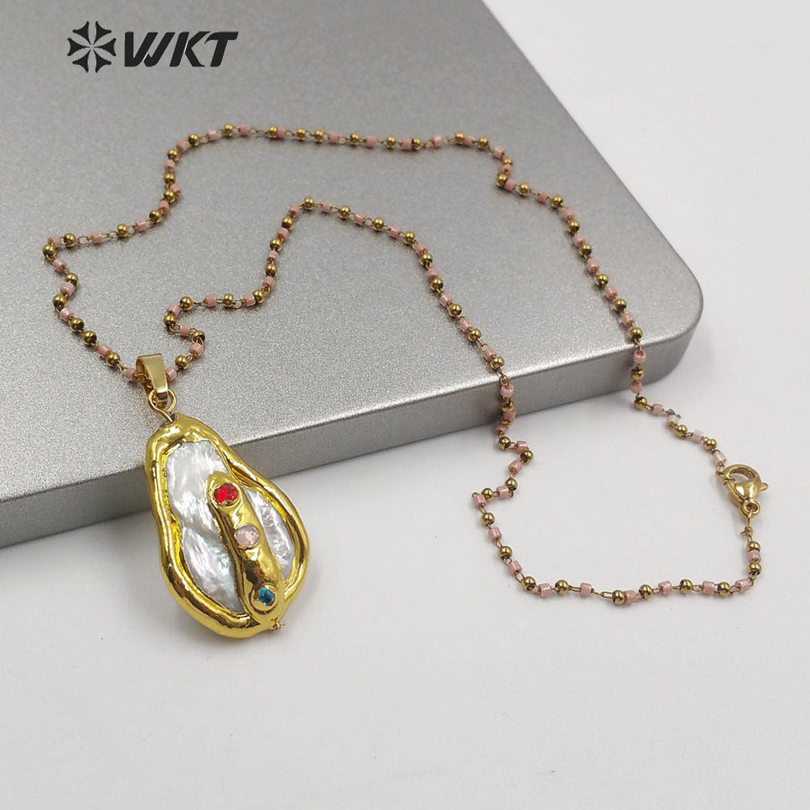 WT-MN965 Gold Plated Freshwater Pearl With CZ Charm Necklace Fashion Lady Jewelry Natural Pearl Necklace