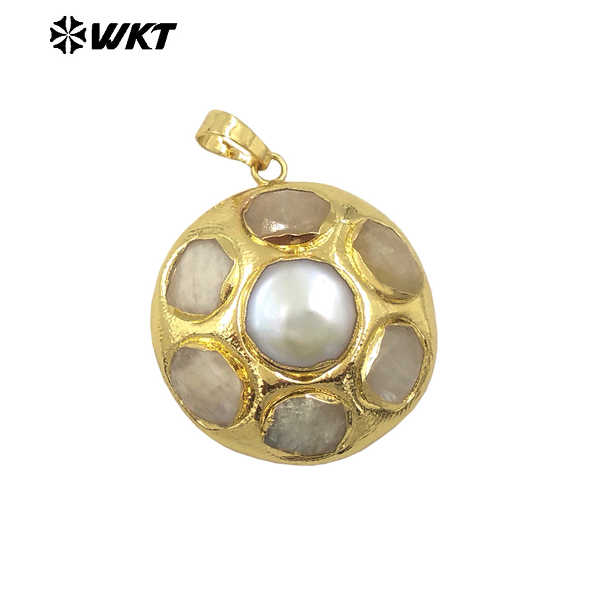 WT-JP411 Amazing Fashion Gold Plated Handmade Bezel Setting Natural Round Natural Stone and Pearl Flower Pendants