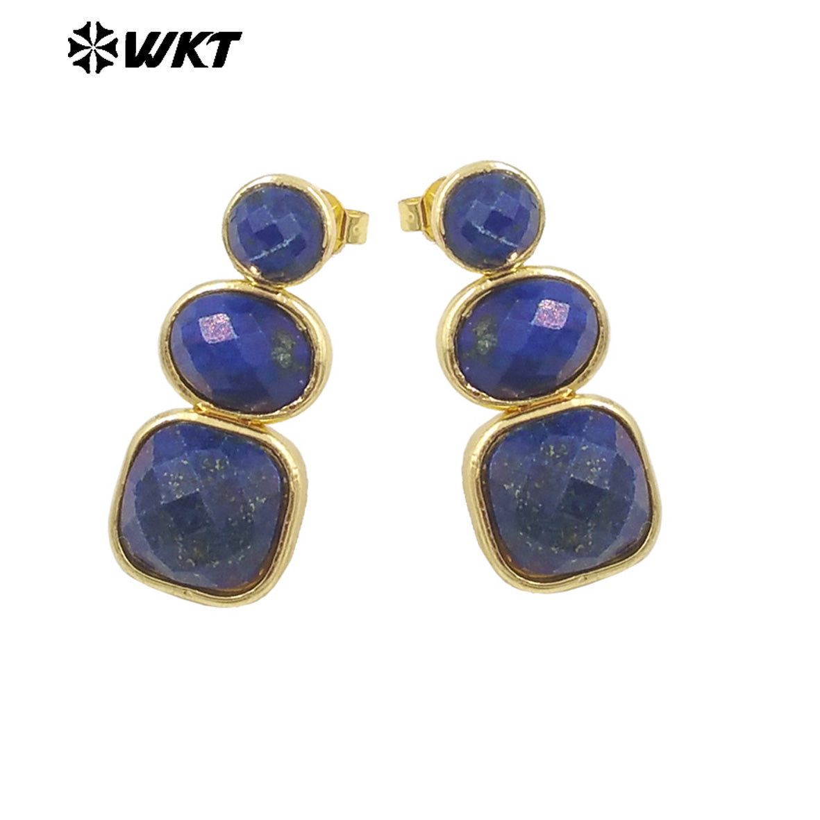WT-E754 WKT Precious Triple Stone Assemble Handmade Setting Natural Amethyst Lapis Long Dangle Geometric Lady Earrings