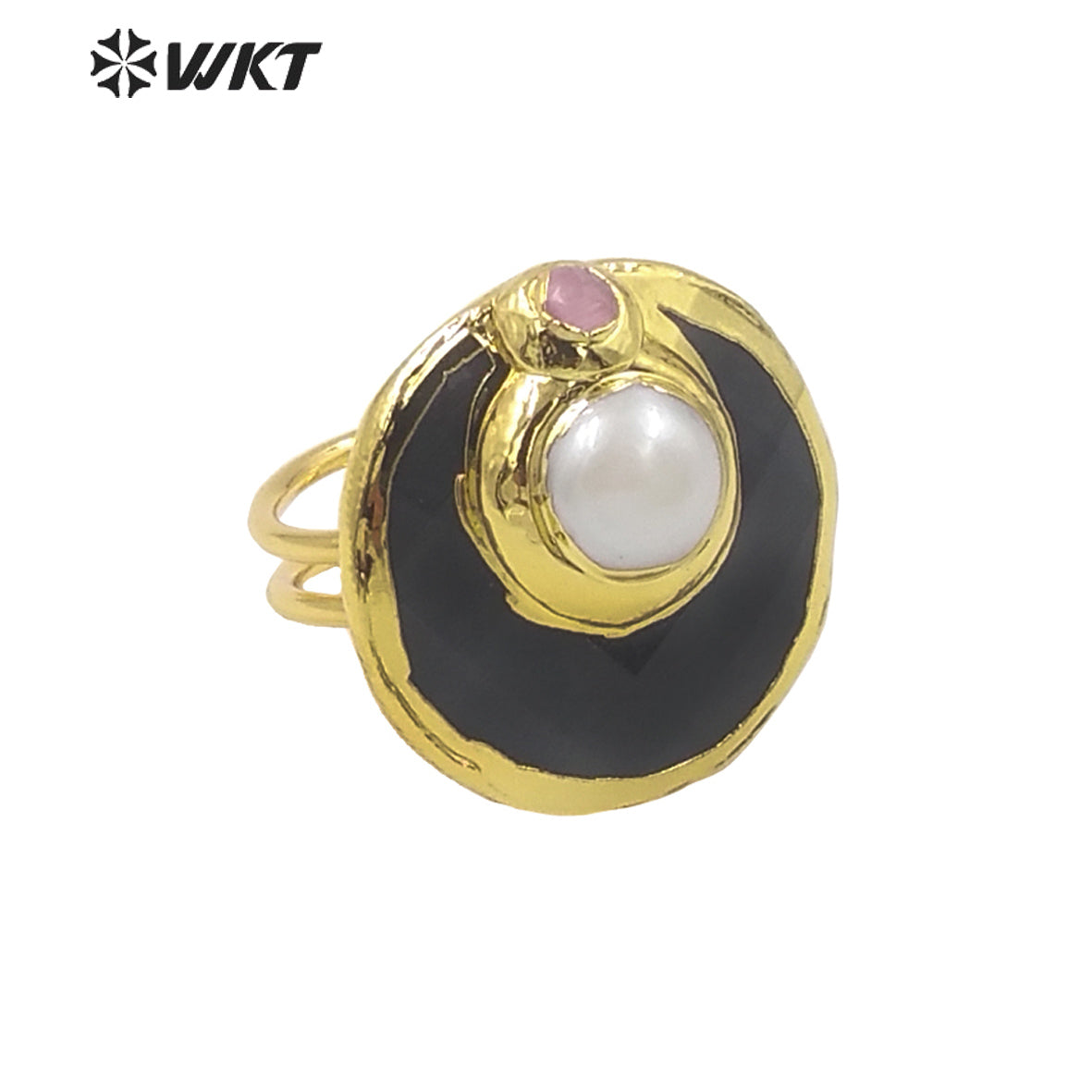 WT-R401 Natural Gemstone Lovely Fashion Cat Eye Ring with Pearl Crystal Colorful Round Ring 18k Gold-plated Women Gemstone Ring