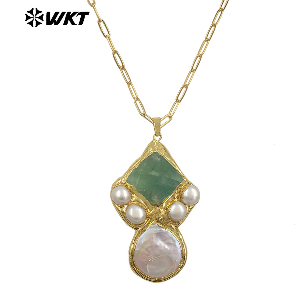 WT-JN345 Delicate Rectangle Chain With Gold Plated Natural Gemstones And Pearl Pendant Necklace For Unique Fashion Birthday Gift