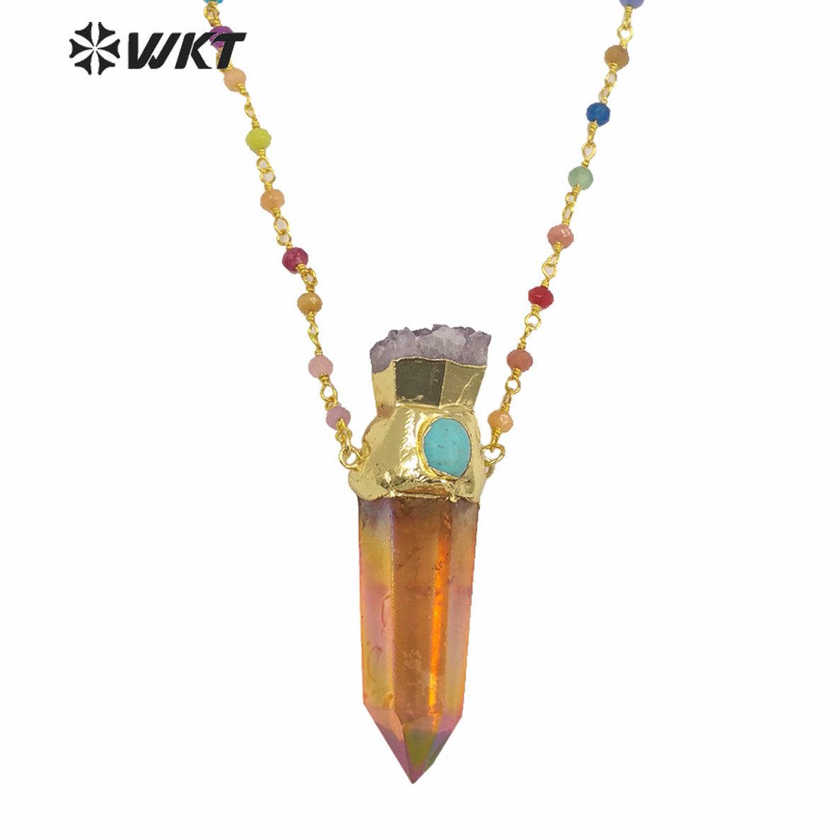 WT-N1252 Wholesale Gold Electroplated Natural Aura Spirit Quartz Necklace Women Fashion Chunky Crystal Point Quartz Necklace