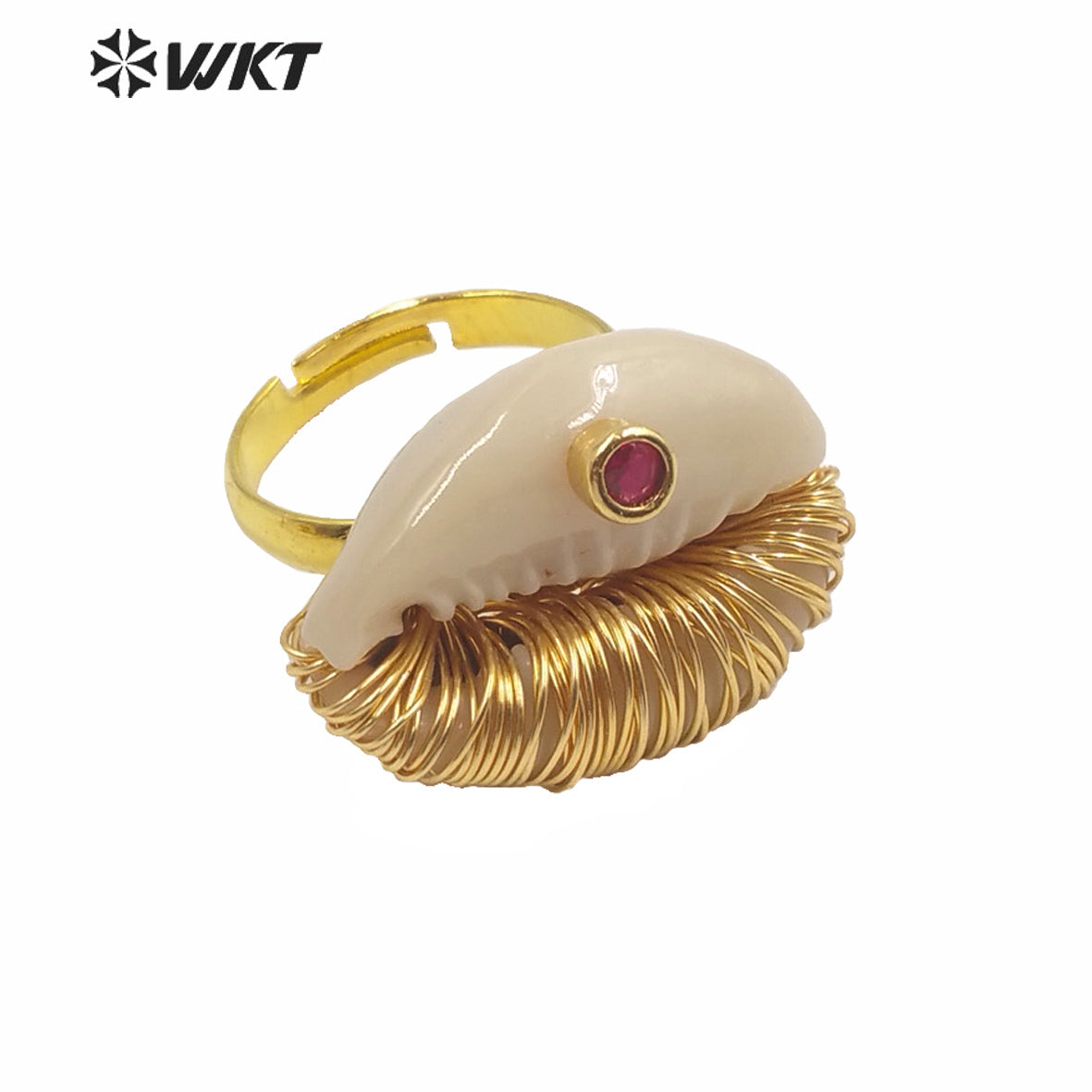 WT-MPR003 New Summer Hot Wire Brass Handmade Wrapped Natural Sea Cowrie Ring With Cz Charm Fashion Gold Summer Conch Rings