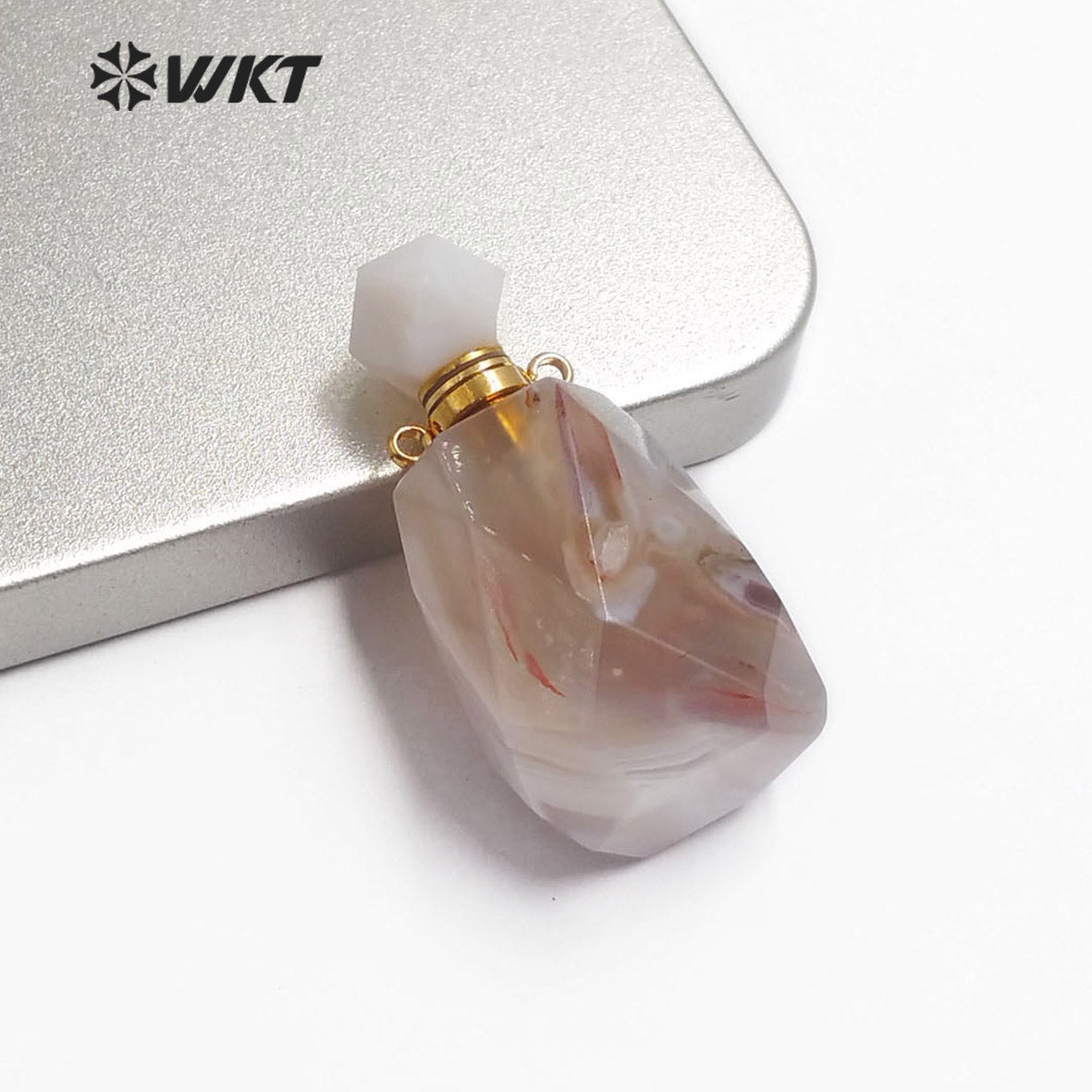WT-P1479 Newest Natural Stone Perfume Bottle Pendant Smokey Quartz Pendant Rhodonite Pendant Stainless Steel Charm Jewelry