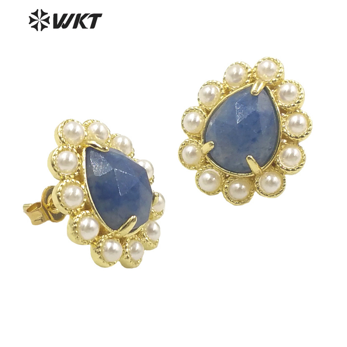 WT-MPE124 Charming Drop Natural Gemstone Made With Artificial Pearl Gold Bezel Setting Women Earring Studs