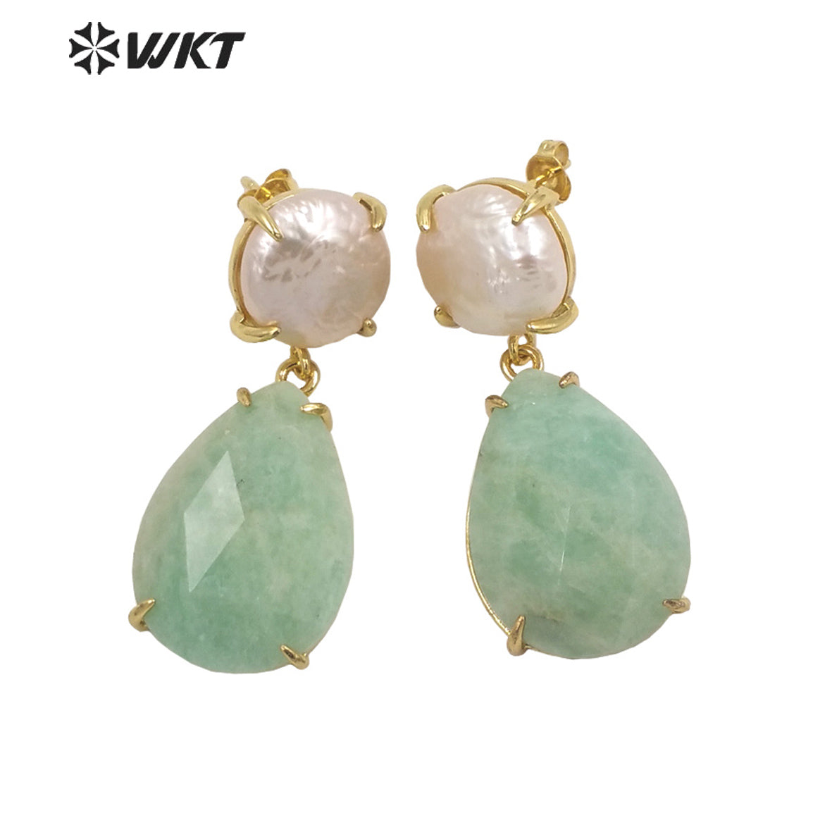 WT-E696 Amazing the Royal Nobility Gorgeous Design Women Natural Gemstone Teardrop Earrings with Pearl Studs in Resist Gold