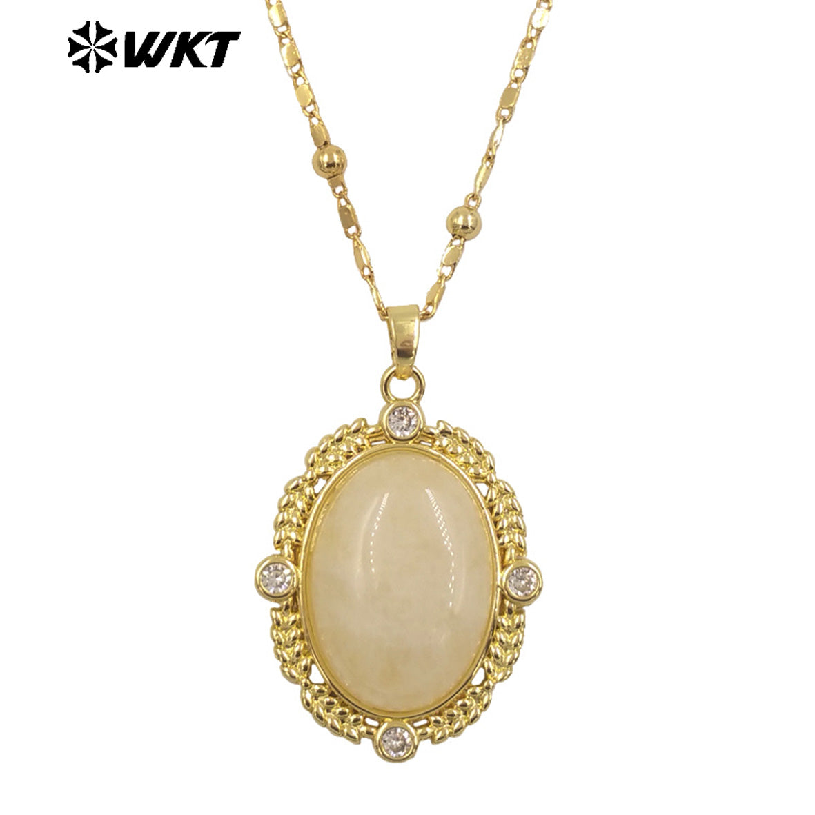 WT-N1474 Amazing 18K Real Gold Plated Resist Tarnishable Natural Gemstone Bezel Setting Oval Shape With Zircon Stone Necklace