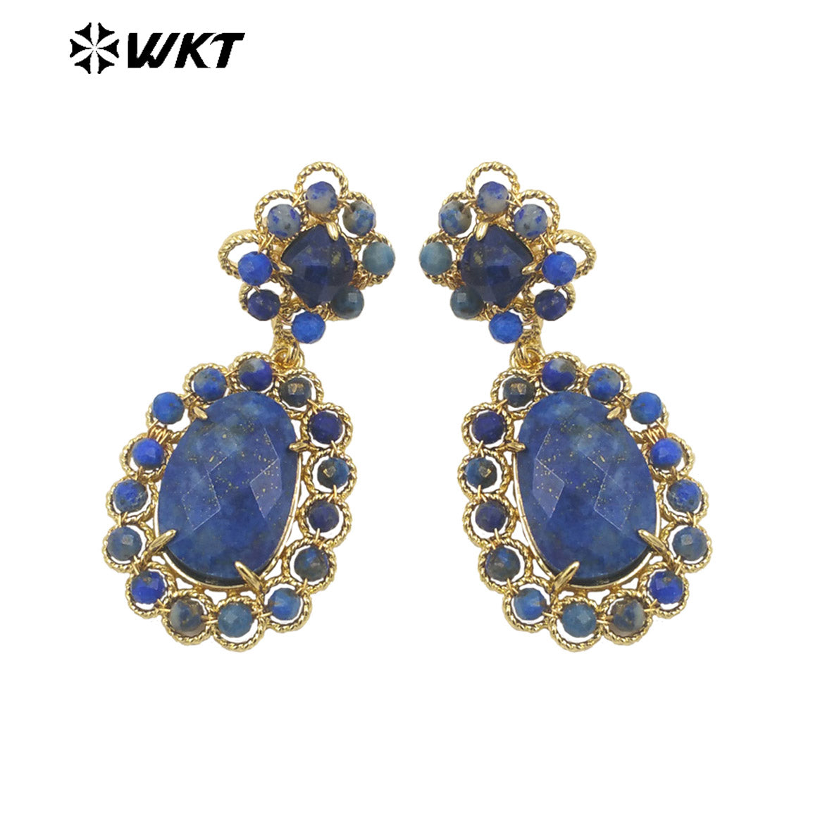 WT-E724 WKT Precious Natural Gemstone Carved with Wire Wrapped Tiny Stone Beads Made Earrings Charming Gorgeous Lapis Earrings