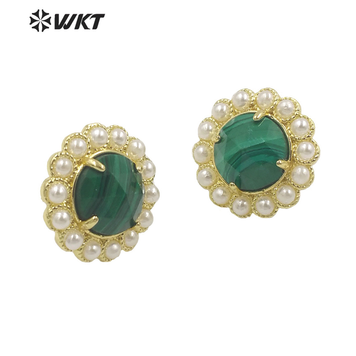 WT-MPE121 Wholesale Fashion Gold Plated Round Pearl Setting with Claw Gorgeous Natural Sun Stone Earring Studs