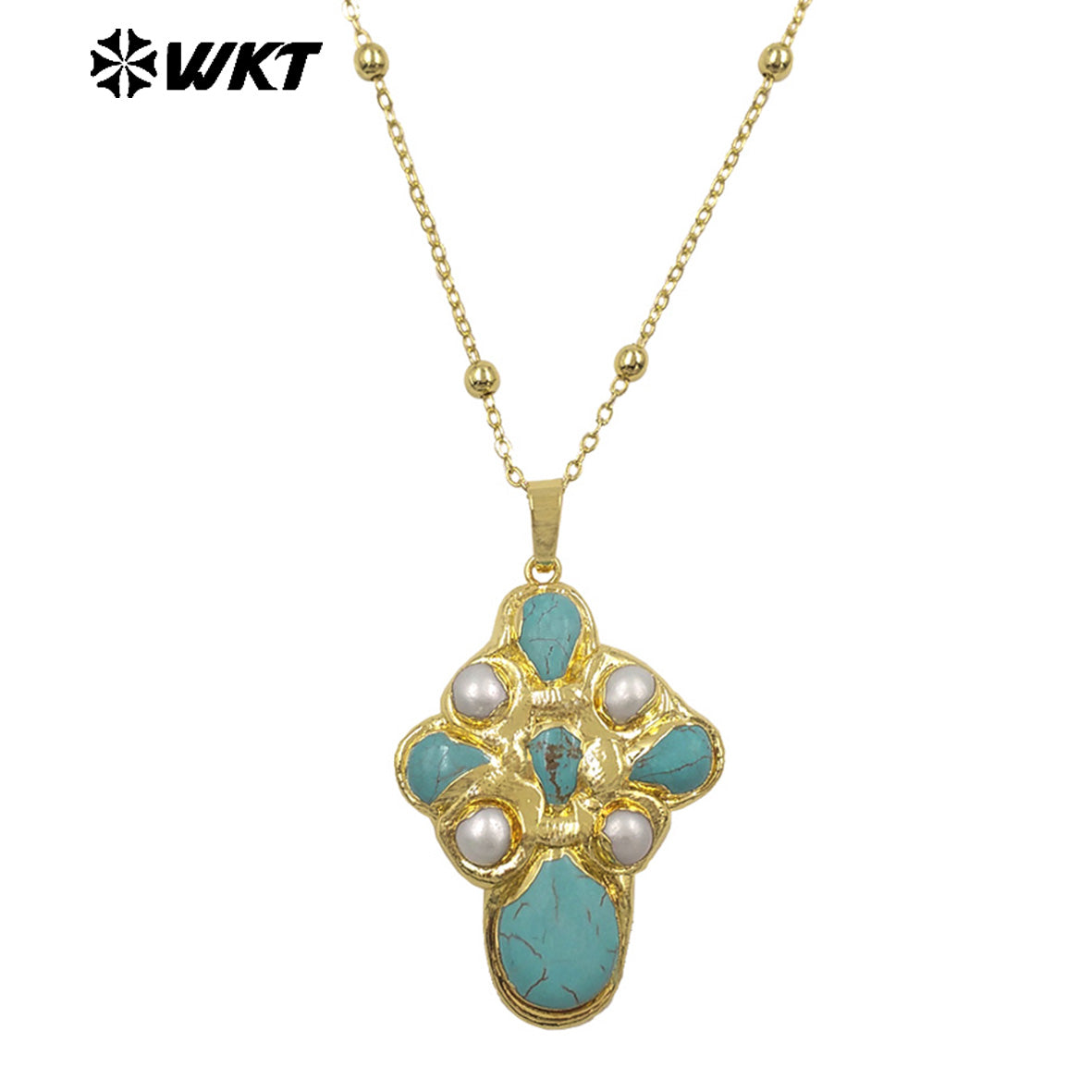 WT-JN297 Brand New Product Elegant 18K Gold Plated Pearl Turquoise Cross Unisex Pendant Necklace Fashion Jewelry Accessories