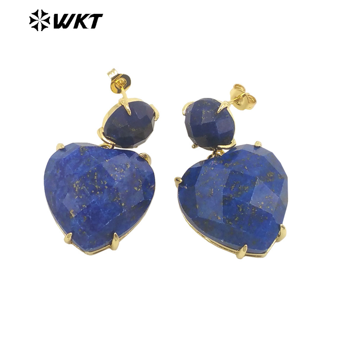 WT-E719 First Choice Hot Natural Gemstone Carved Heart Earrings for Lovers 18k Gold Plated Lapis Amethyst Stone Anniversary Stud