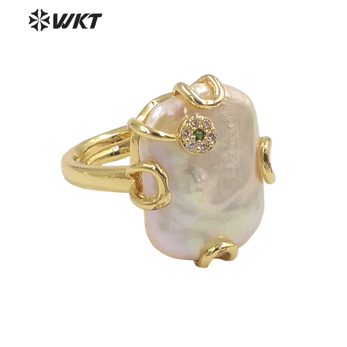 WT-MPR070 Gorgeous Trendy Fashion Natural Freshwater Pearl and Zircon Ring18k Gold Plating for Women Lucky Unique Design Ring