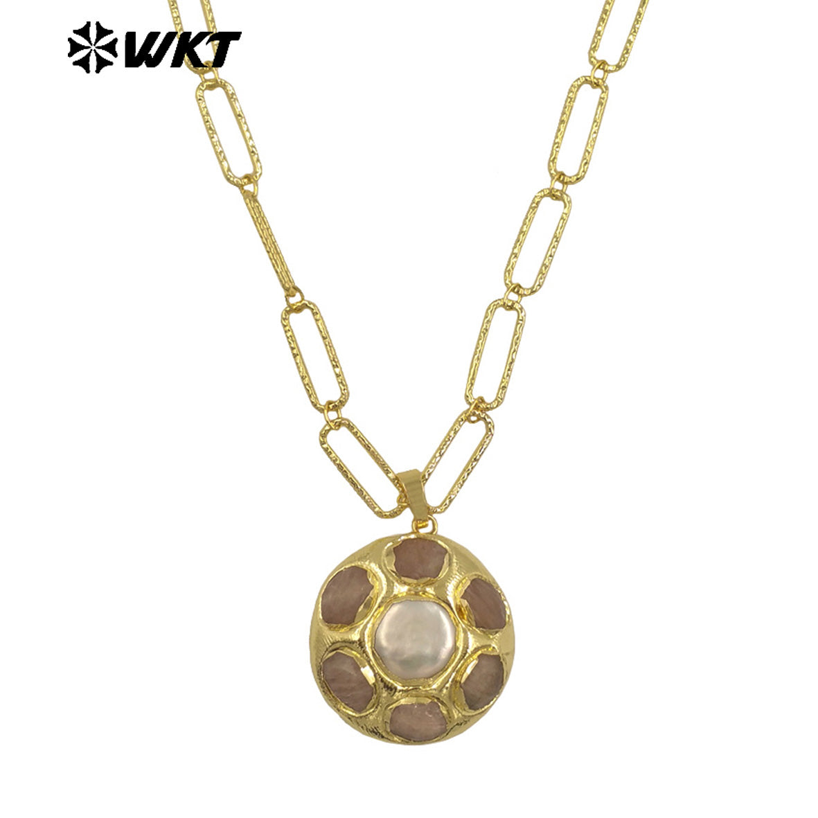 WT-N1493 Amazing Big 18k Real Gold Plated Link Chain Necklace With Round Natural Gemstone and Pearl Assemble Pendants Necklace
