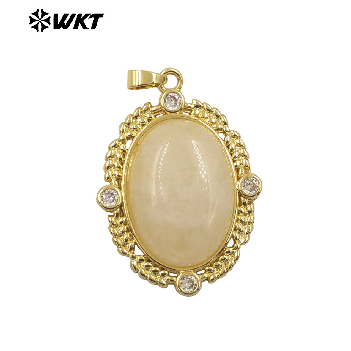 WT-P1985 Wholesale Fashion Gold Bezel Setting With Zircon Around Natural Oval Rose Quartz Stone Pendant for Necklace