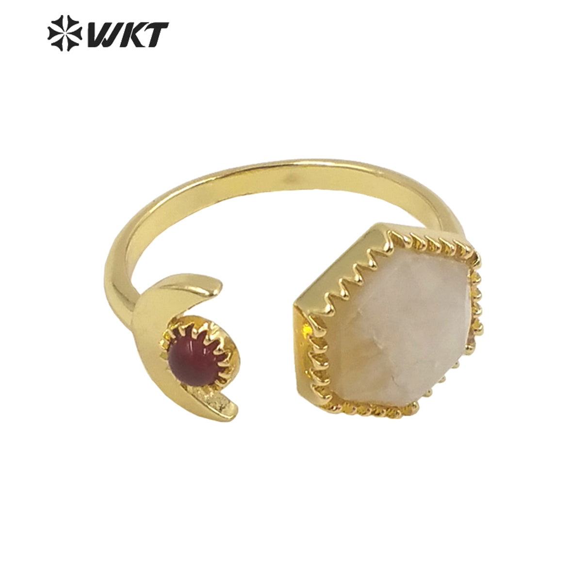 WT-R426 Delicate Fashion Gold Open Size Double Stone Ring Natural Gemstone Hexagon Double Stone Gold Bezel Ring for Girls