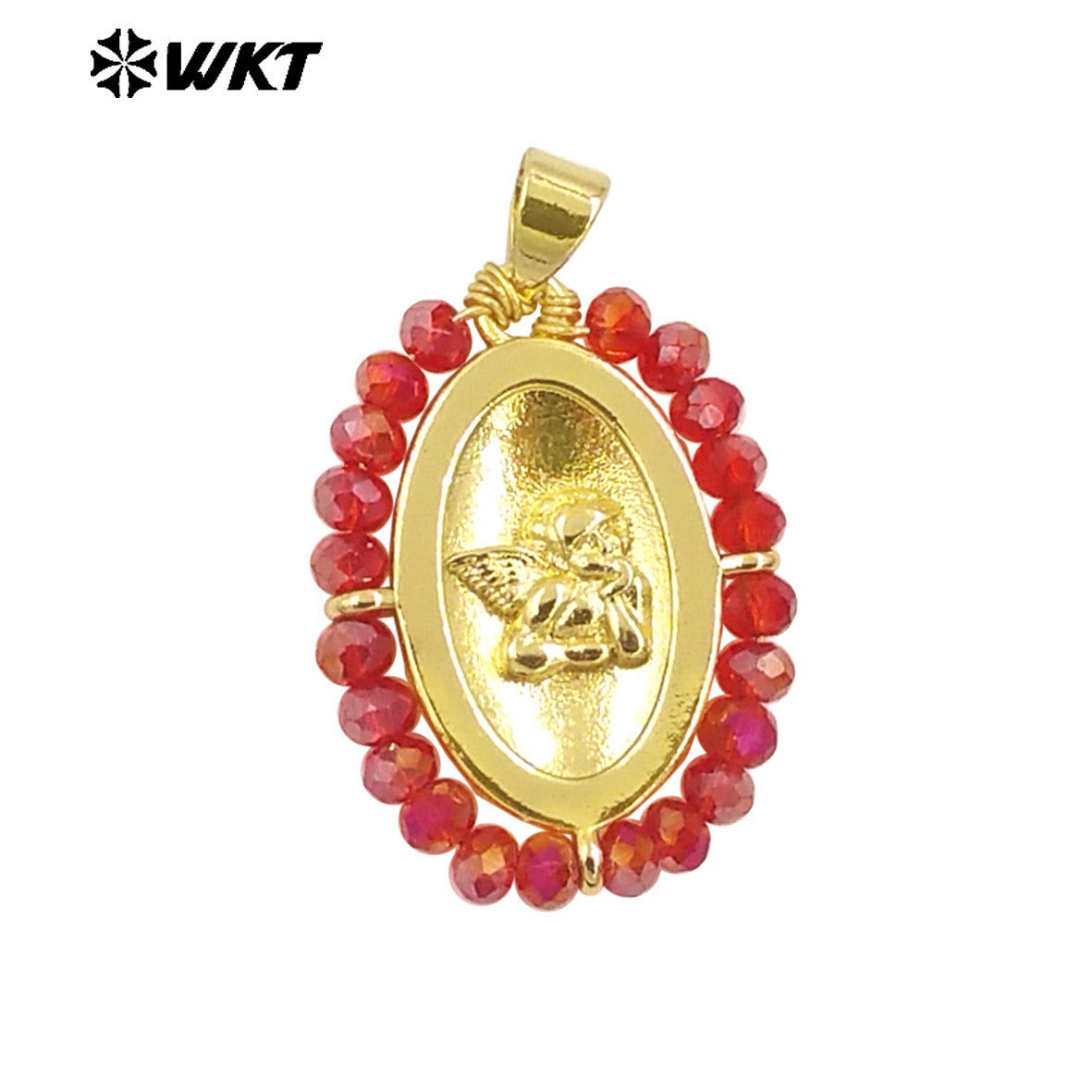 WT-MN994 2024 New Popular Gold Plated With Handmade Crystal Wire Wrapped Beads Around Angel Medal Christian Jewelry Necklace
