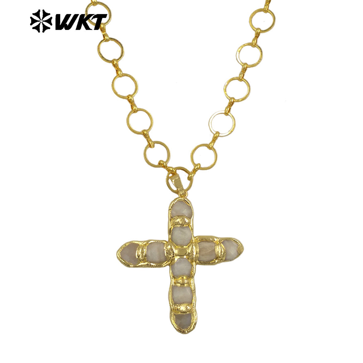 WT-N1491 Amazing High Quality Natural Gemstone Christian Necklace Cross Shape Gold Plated Circle Chain in Multi Colors