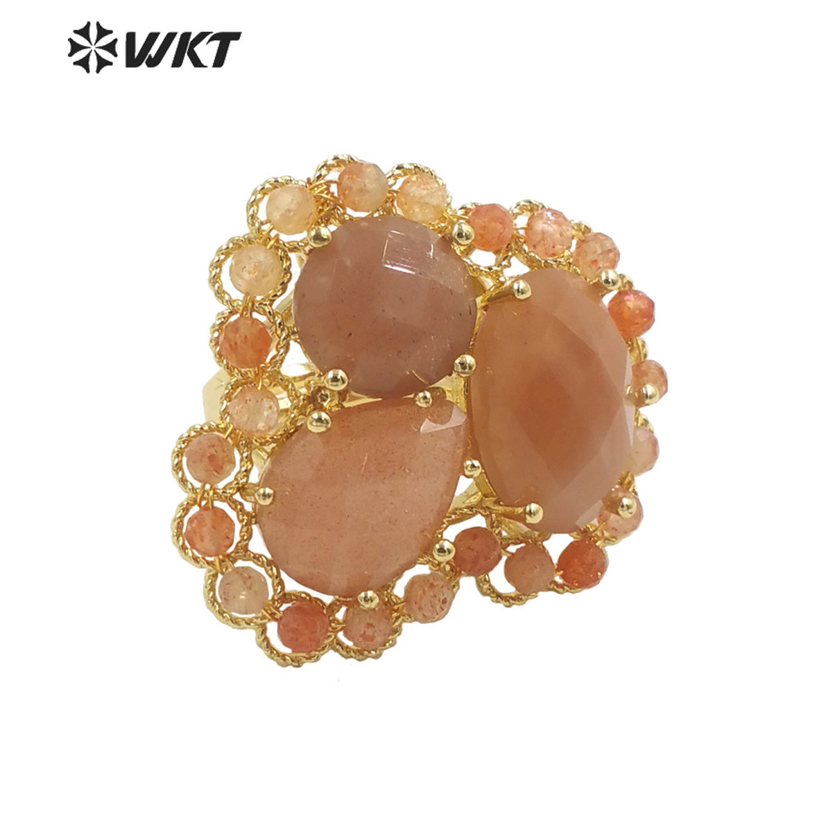 WT-R452 Newest Gold Bezel Natural Gemstone Cocktail Ring Big Exaggerated Luxury Gold Plated Women Triple Stone Ring
