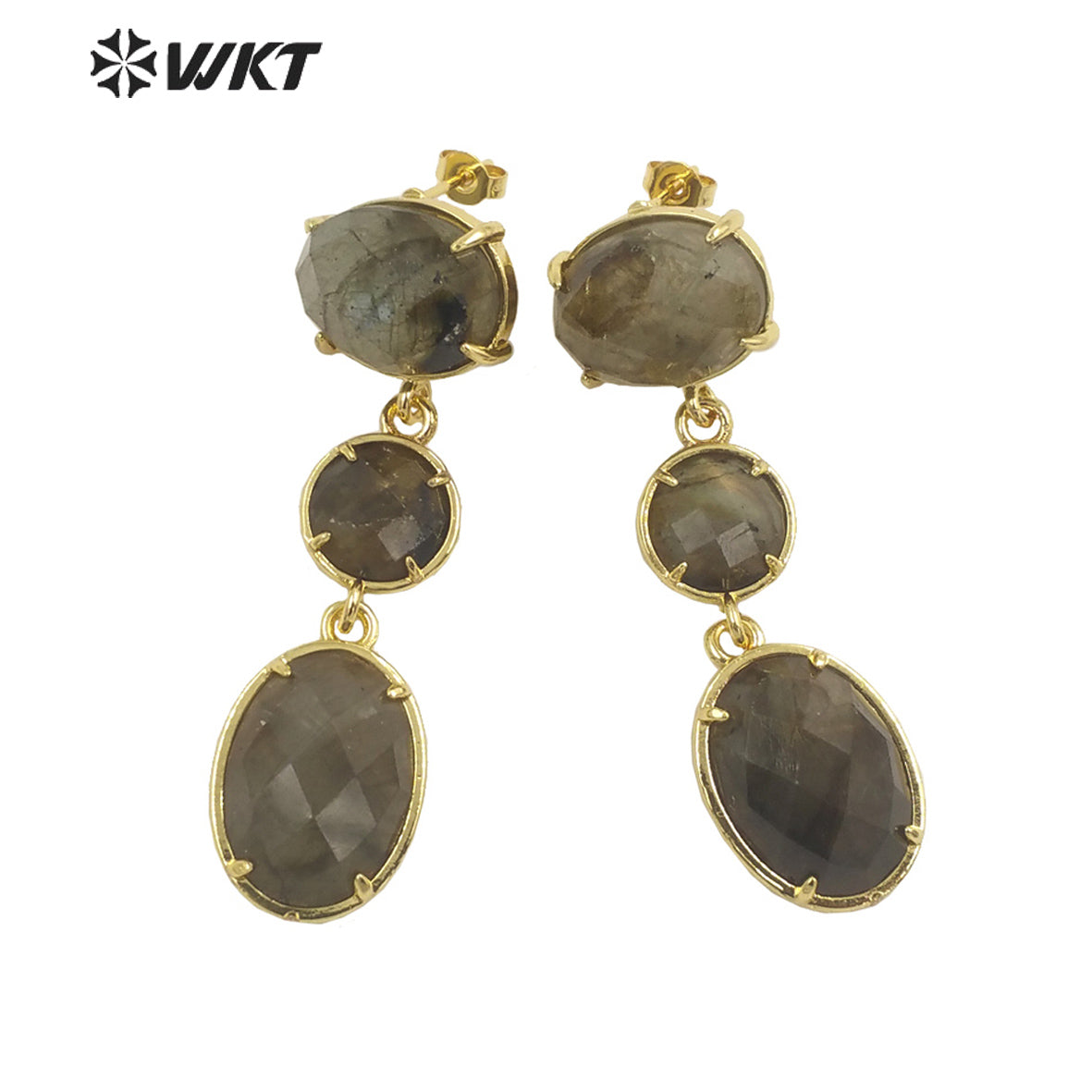 WT-E690 Amazing Gorgeous Fashion Triple Stone Earrings Precious 18k Real Gold Plated Resist Tarnish Prong Setting Dangle Studs