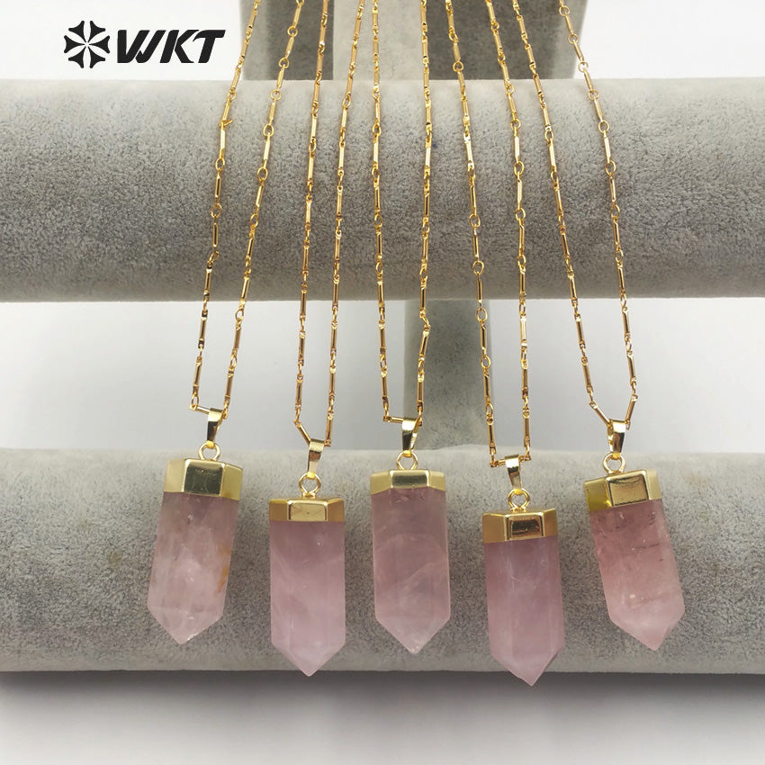 WT-N1144 18''Inch Boho Necklace in Pencil Point Shape Gold Capped Pink Quartz Pendant Jewelry Natural Rose Crystal Necklace
