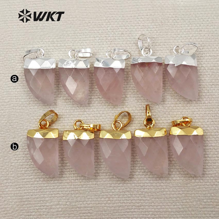 WT-P1269 WKT Wholesale Tiny Natural pink Jade 18k Real Gold Silver Plated Raw Rose Quartz Moon Pendant