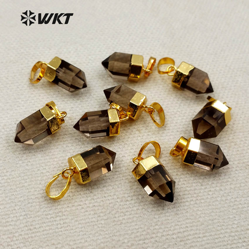 WT-P1265 WKT Wholesale Bullet Point Tiny Transparent 24k Real Gold Plated Smokey Quartz Pendant