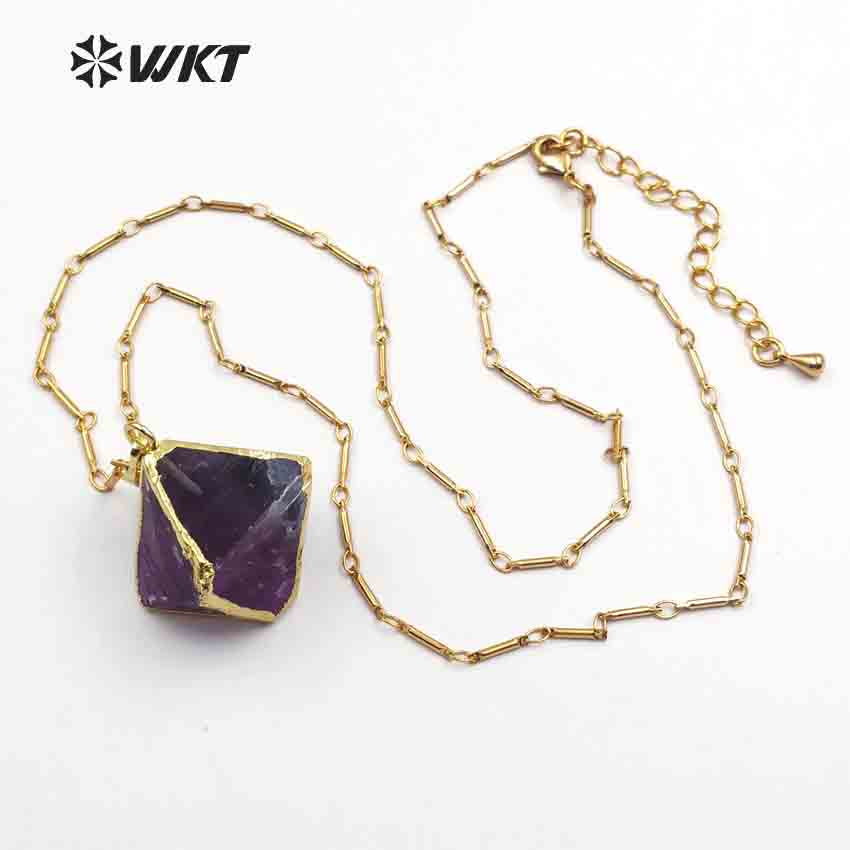 WT-N1142 Hot Sale Women Jewelry Amazing Natural Colorful Stone Faceted with Gold Trim High Quality rainbow Fluorite Necklace