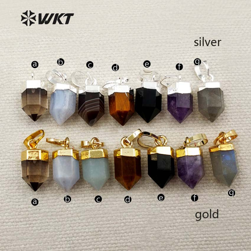 WT-P1279 WKT Wholesale Small Bullet Point Tiny Multi Gemstone Real Gold Silver Plated Natural Raw Stone Pendant
